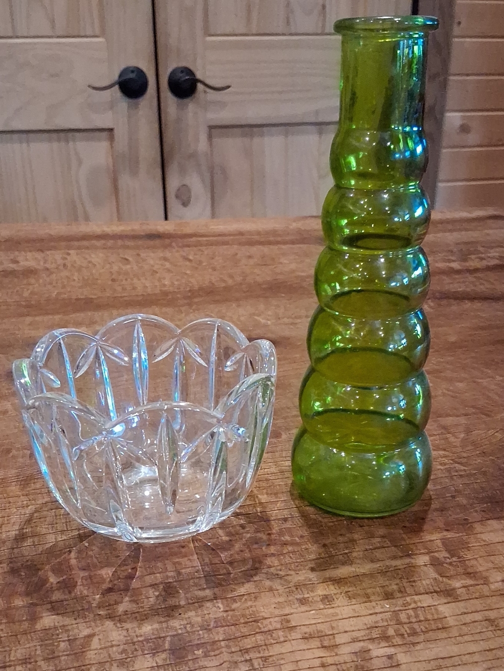 Green Bubble Glass Vase & Small Crystal Bowl — Decorative Home Accent